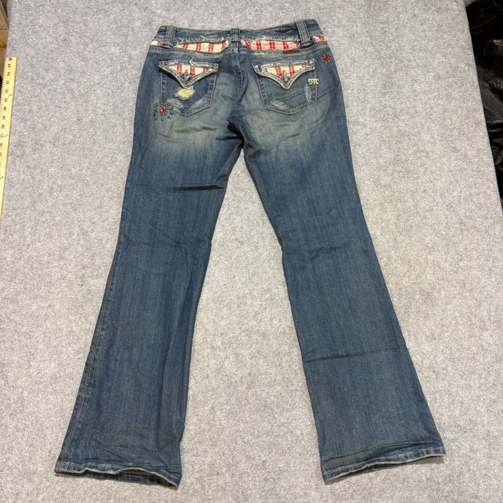 Miss Me JP6222P Plaid Inset Distressed Bootcut Jeans Size 31 Medium Wash
